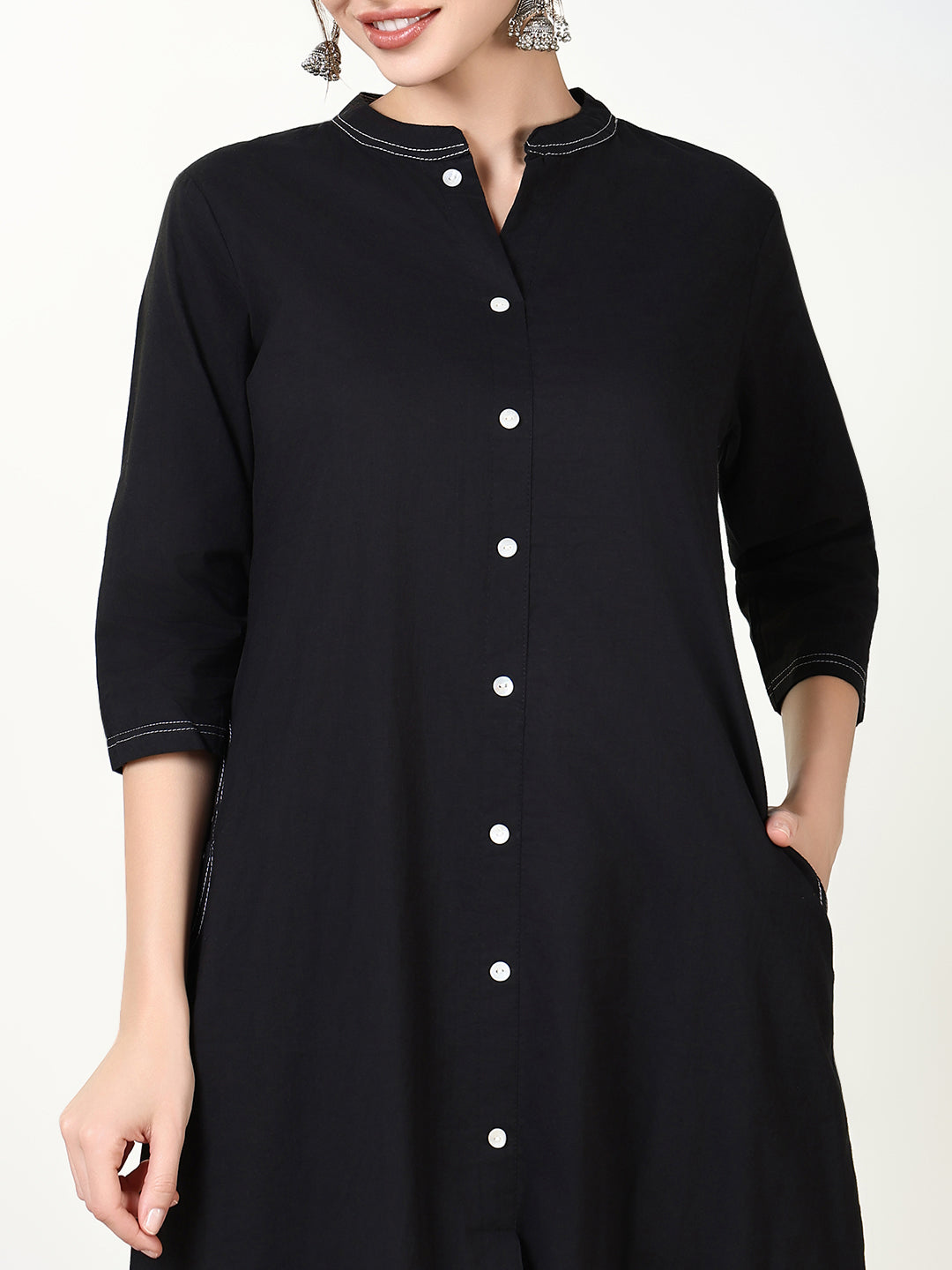 Women Solid Black A Line Kurta Set