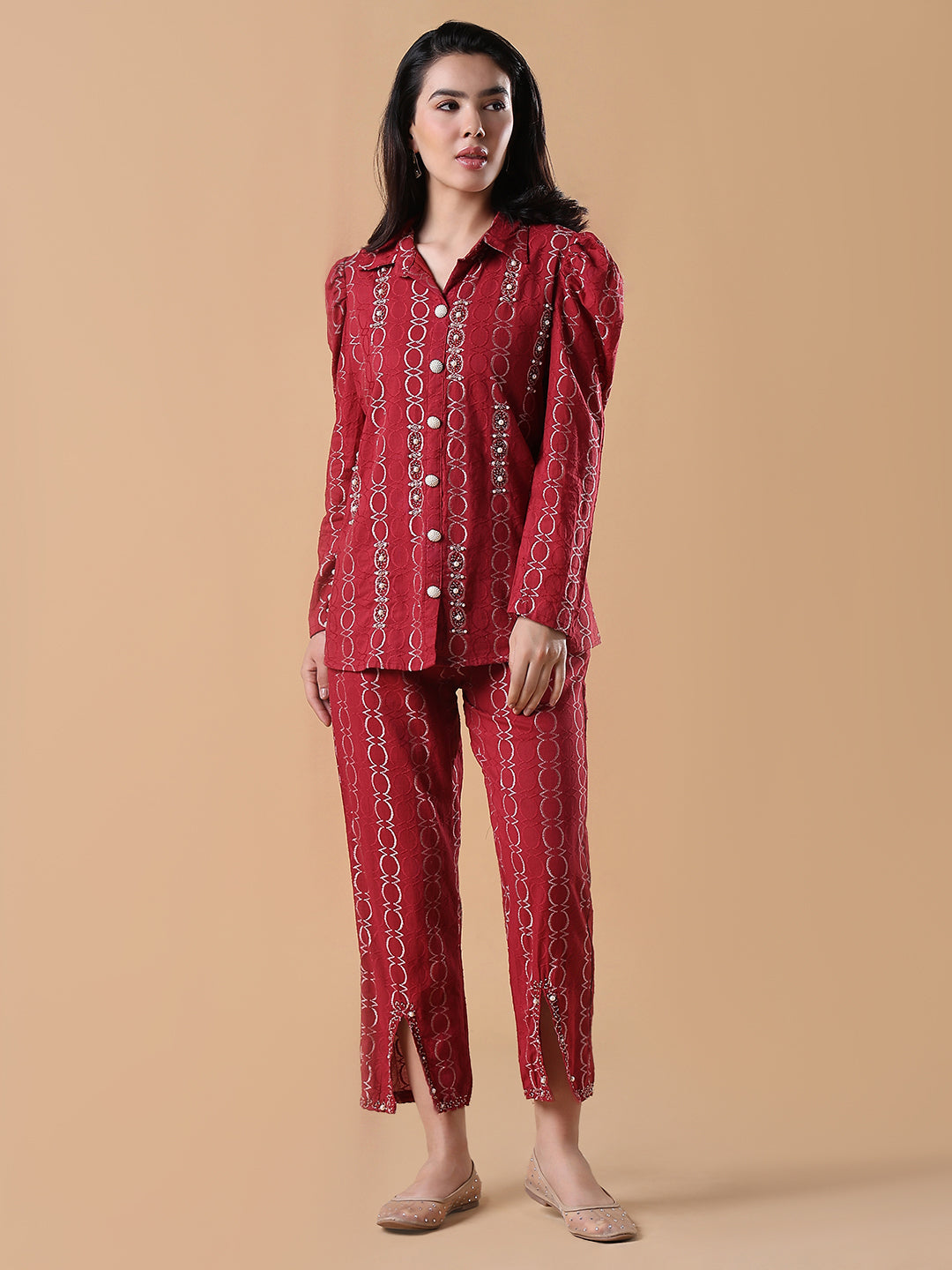 Women Cotton Red Embroidered Full Sleeve Co-ords Set