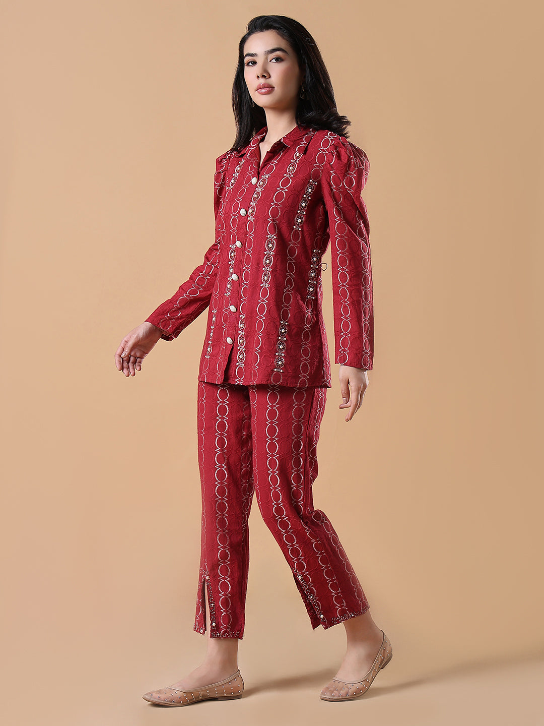 Women Cotton Red Embroidered Full Sleeve Co-ords Set