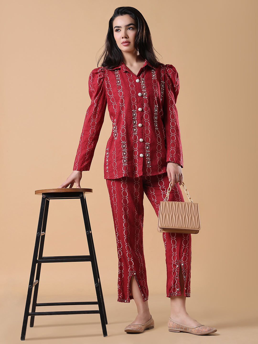 Women Cotton Red Embroidered Full Sleeve Co-ords Set