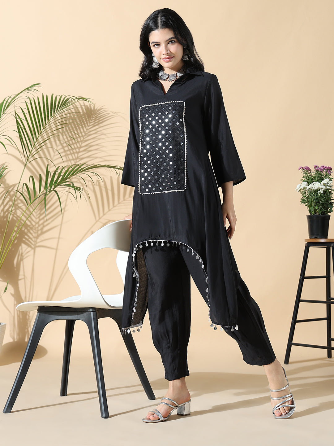 Women Solid Asymmetric Black Kurta Set