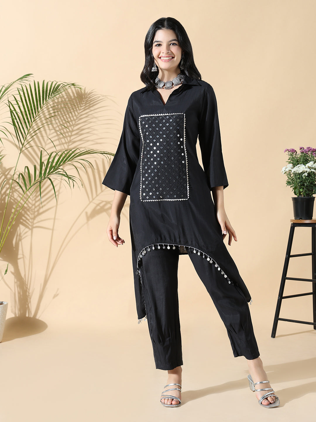 Women Solid Asymmetric Black Kurta Set