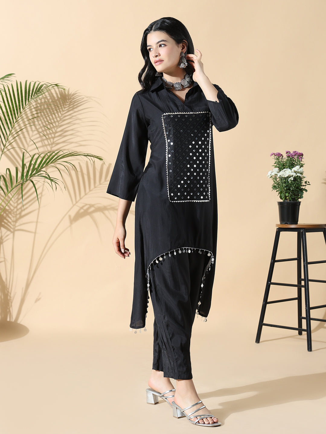 Women Solid Asymmetric Black Kurta Set