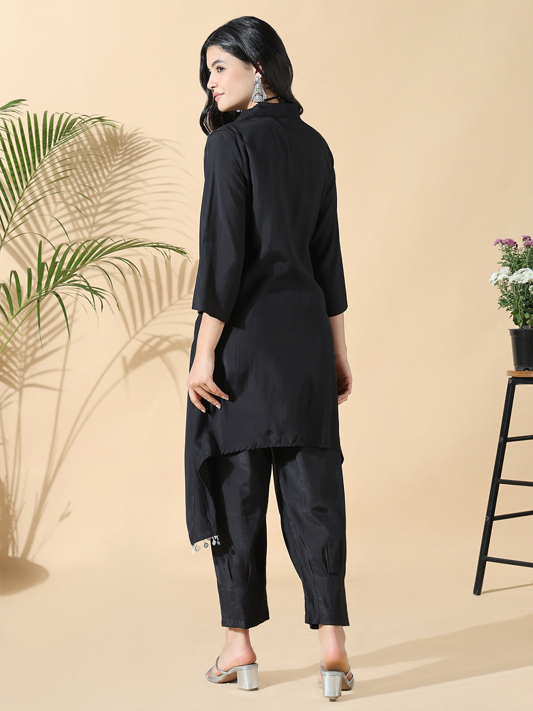 Women Solid Asymmetric Black Kurta Set