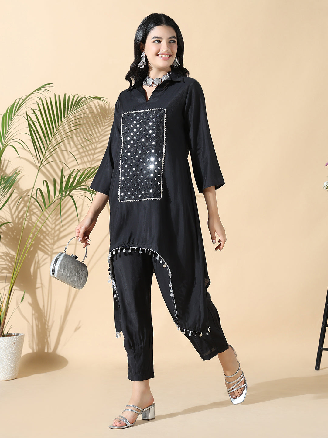 Women Solid Asymmetric Black Kurta Set