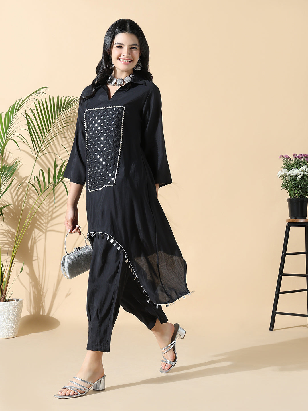 Women Solid Asymmetric Black Kurta Set