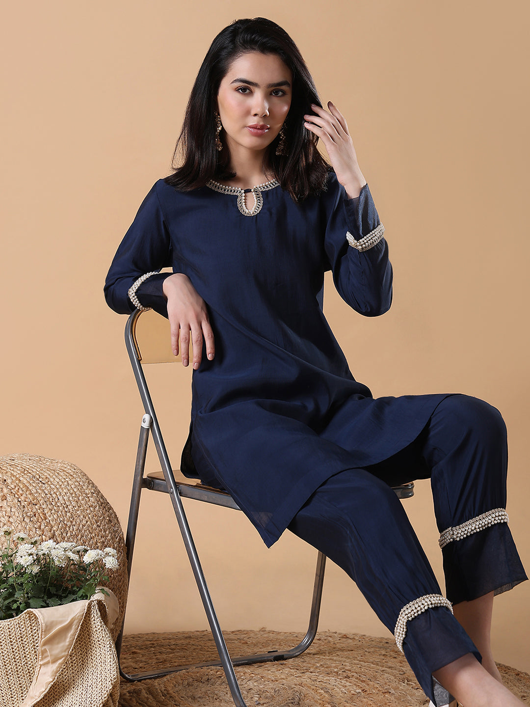 Women Solid Straight Full Sleeve Navy Blue Kurta Set