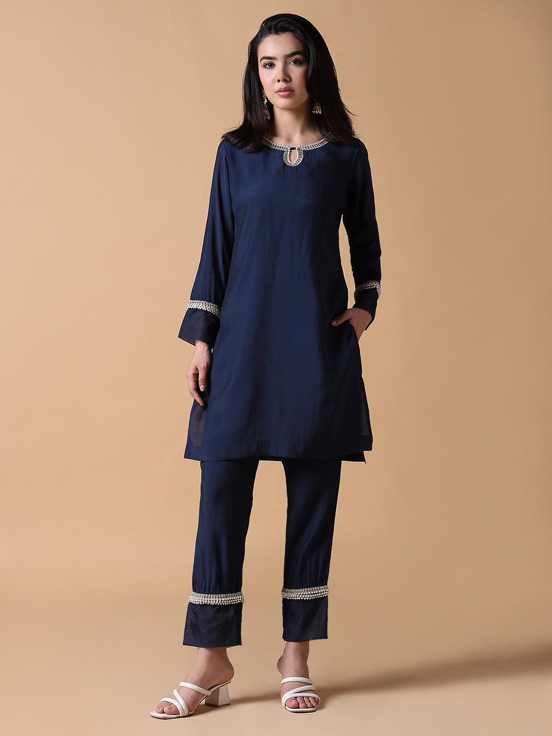 Women Solid Straight Full Sleeve Navy Blue Kurta Set