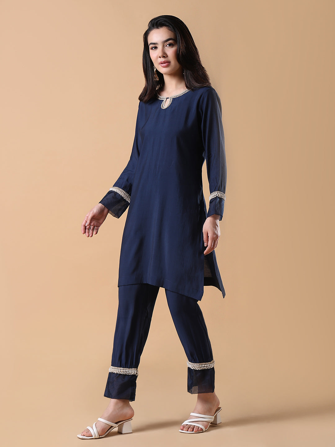 Women Solid Straight Full Sleeve Navy Blue Kurta Set