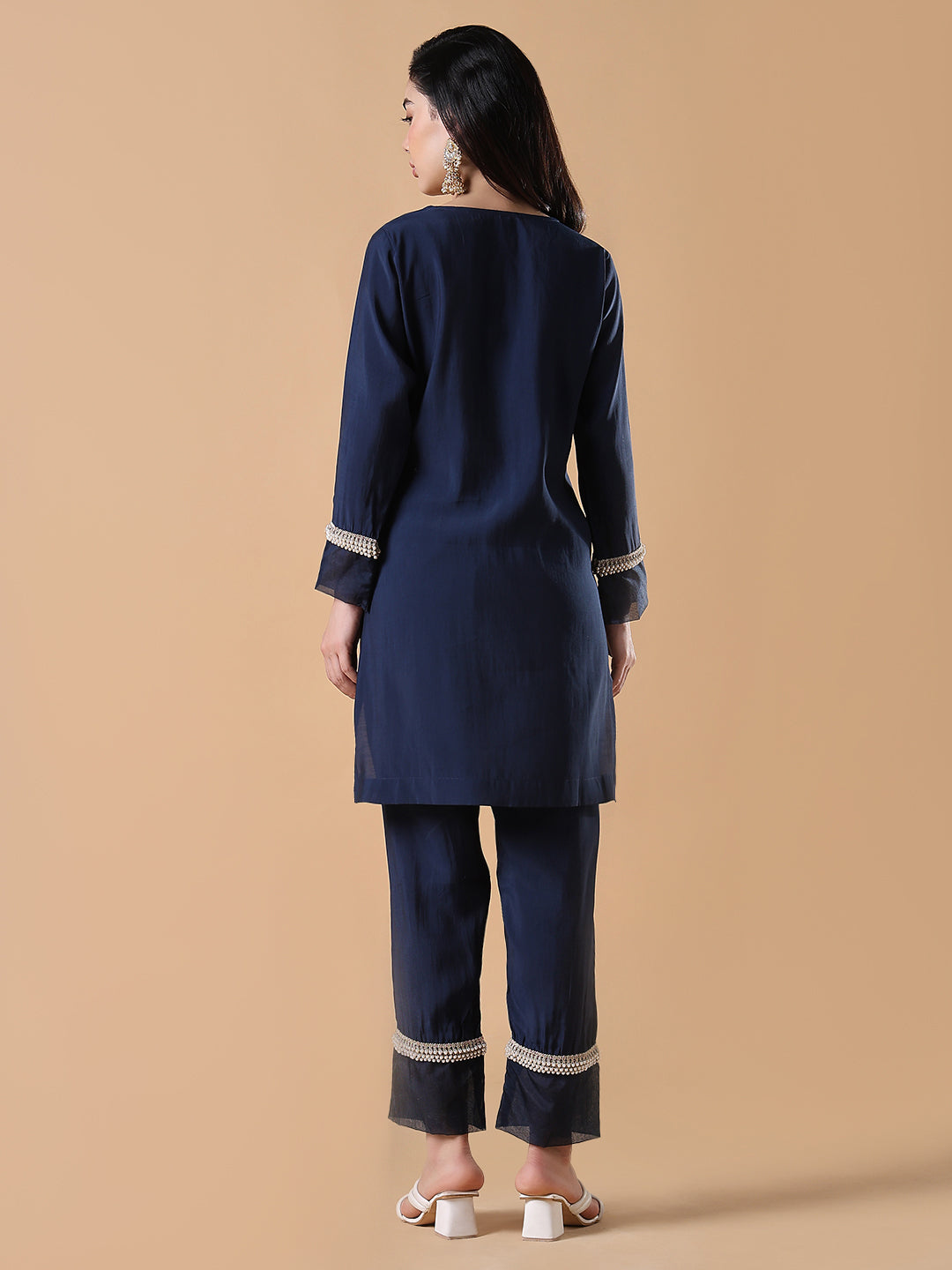 Women Solid Straight Full Sleeve Navy Blue Kurta Set