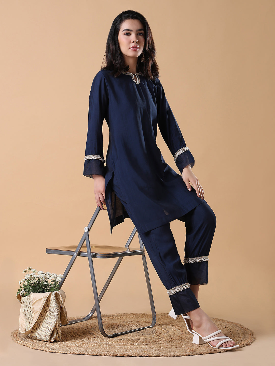 Women Solid Straight Full Sleeve Navy Blue Kurta Set