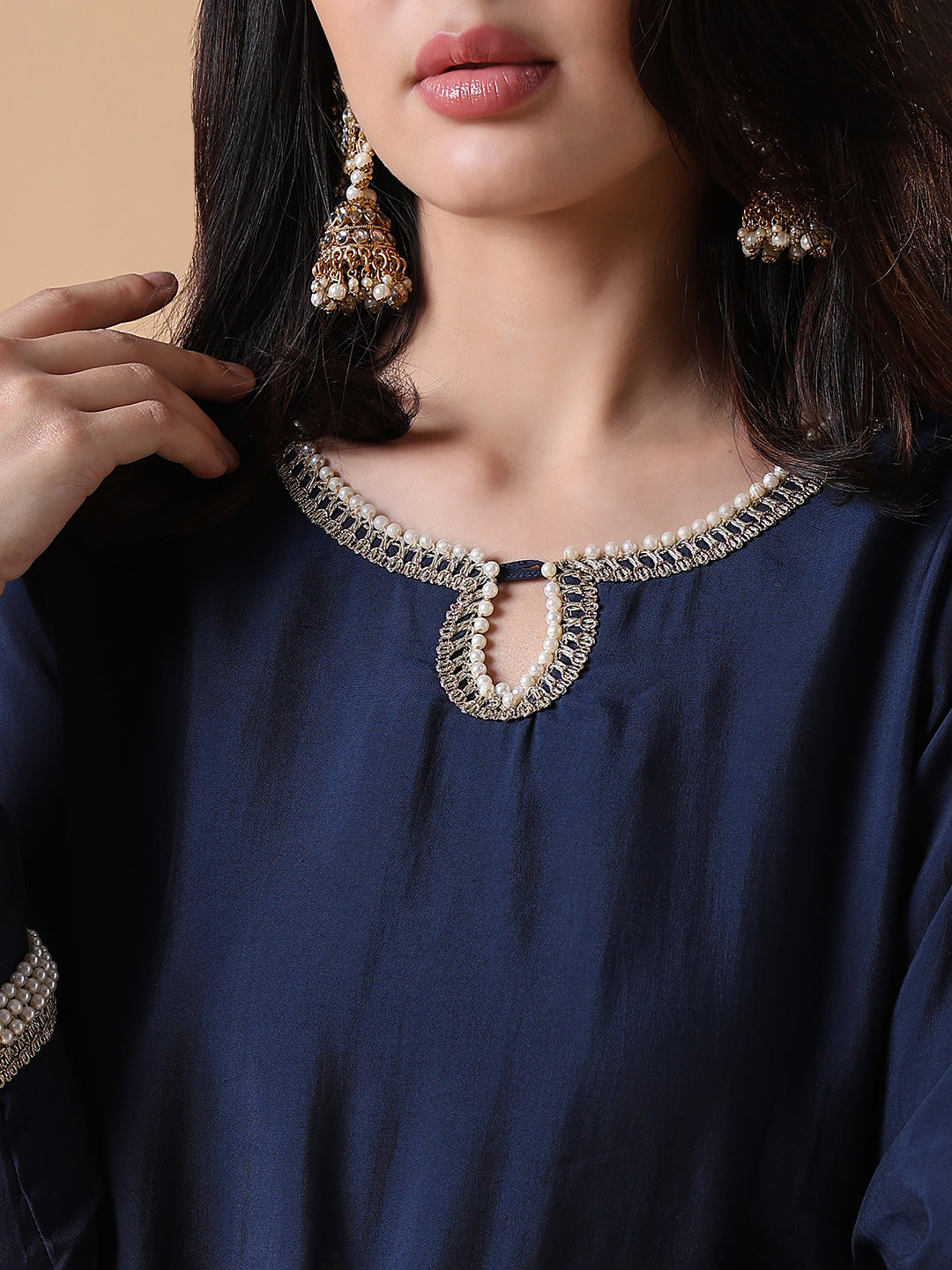 Women Solid Straight Full Sleeve Navy Blue Kurta Set