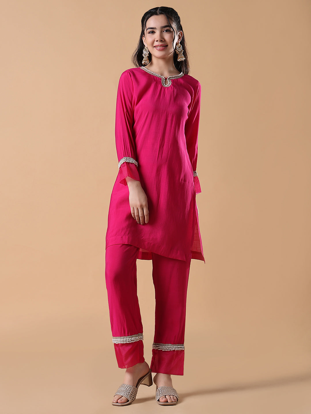 Women Cotton Solid Embroidered Straight Pink Kurta Set