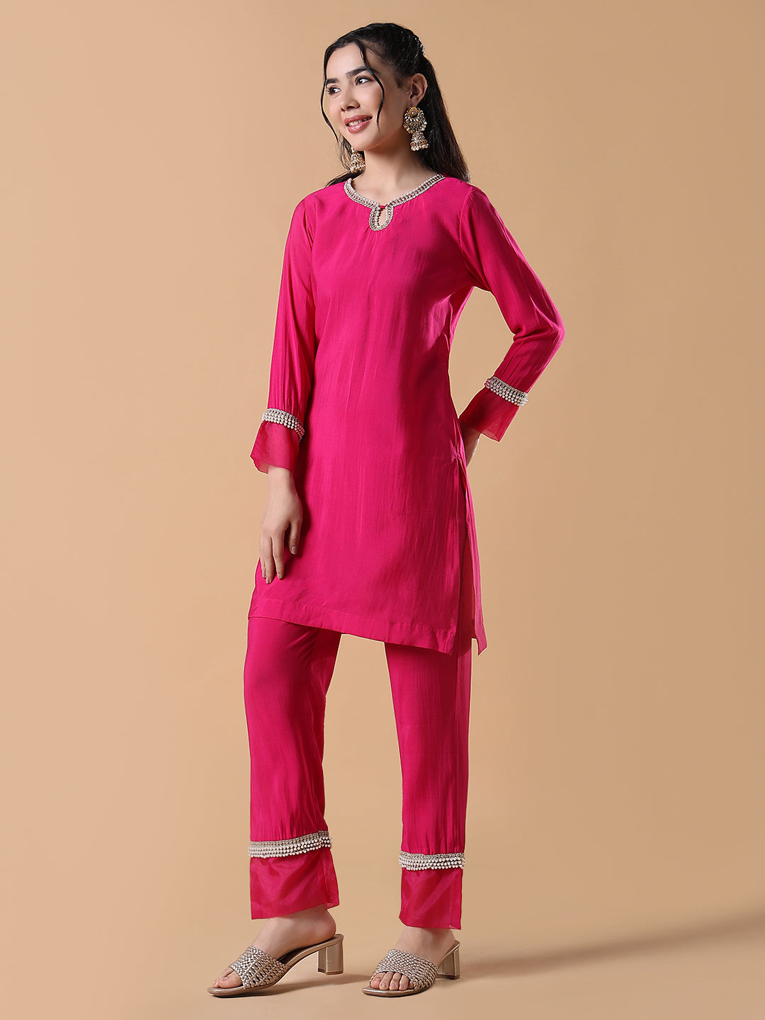 Women Cotton Solid Embroidered Straight Pink Kurta Set