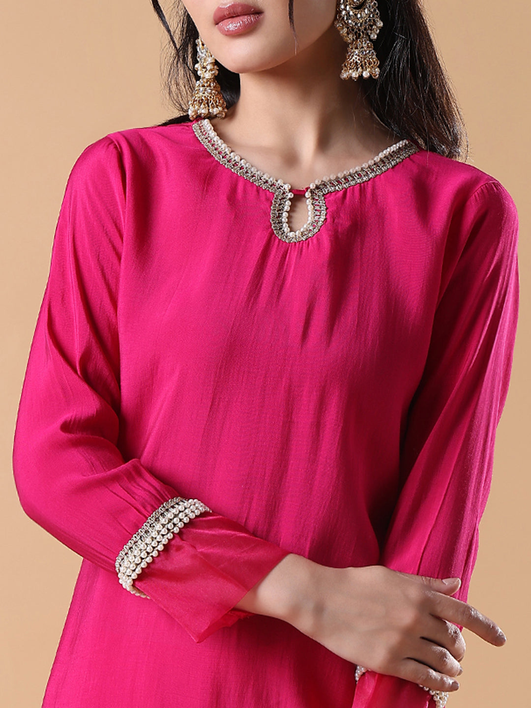 Women Cotton Solid Embroidered Straight Pink Kurta Set