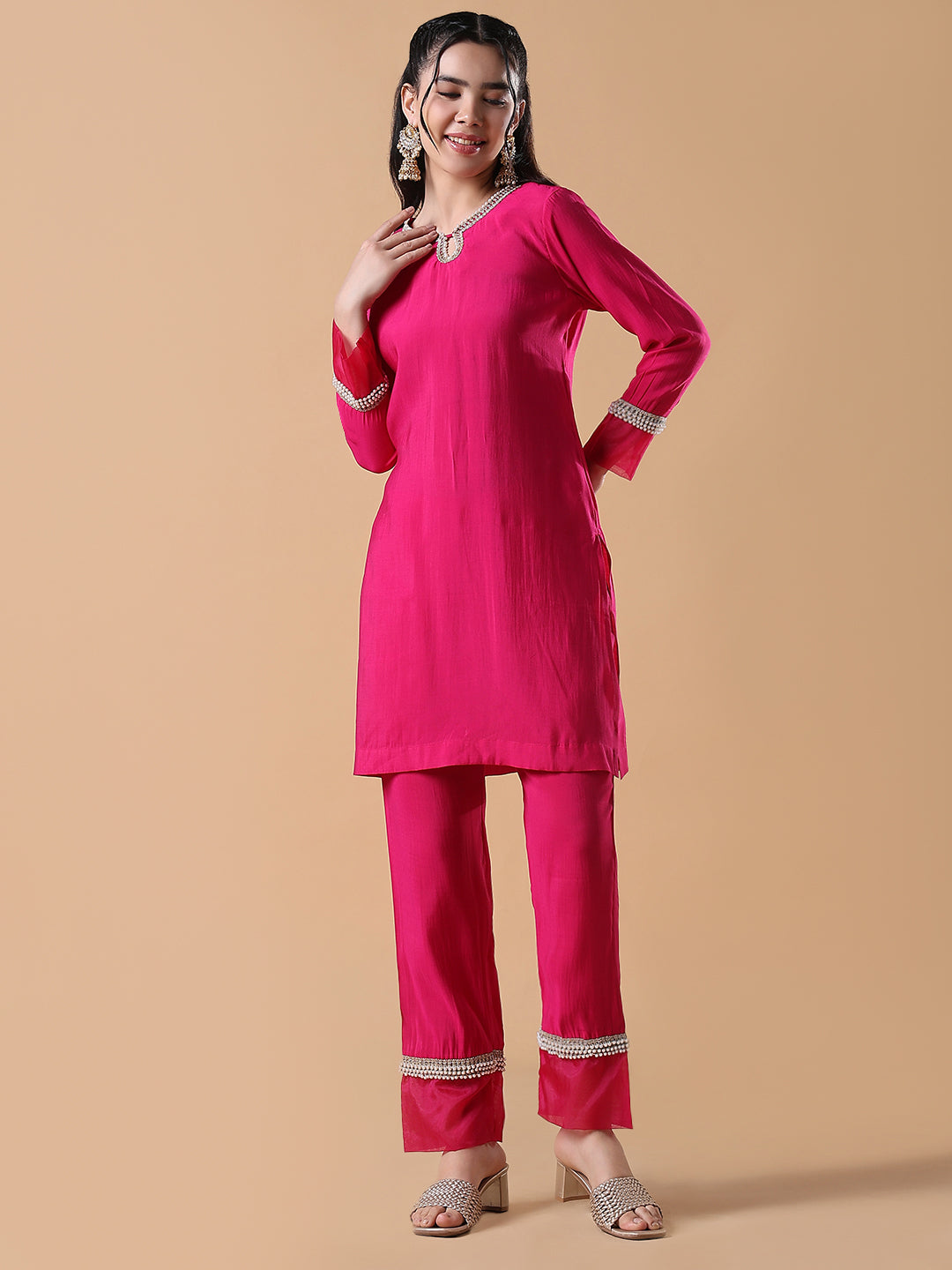 Women Cotton Solid Embroidered Straight Pink Kurta Set