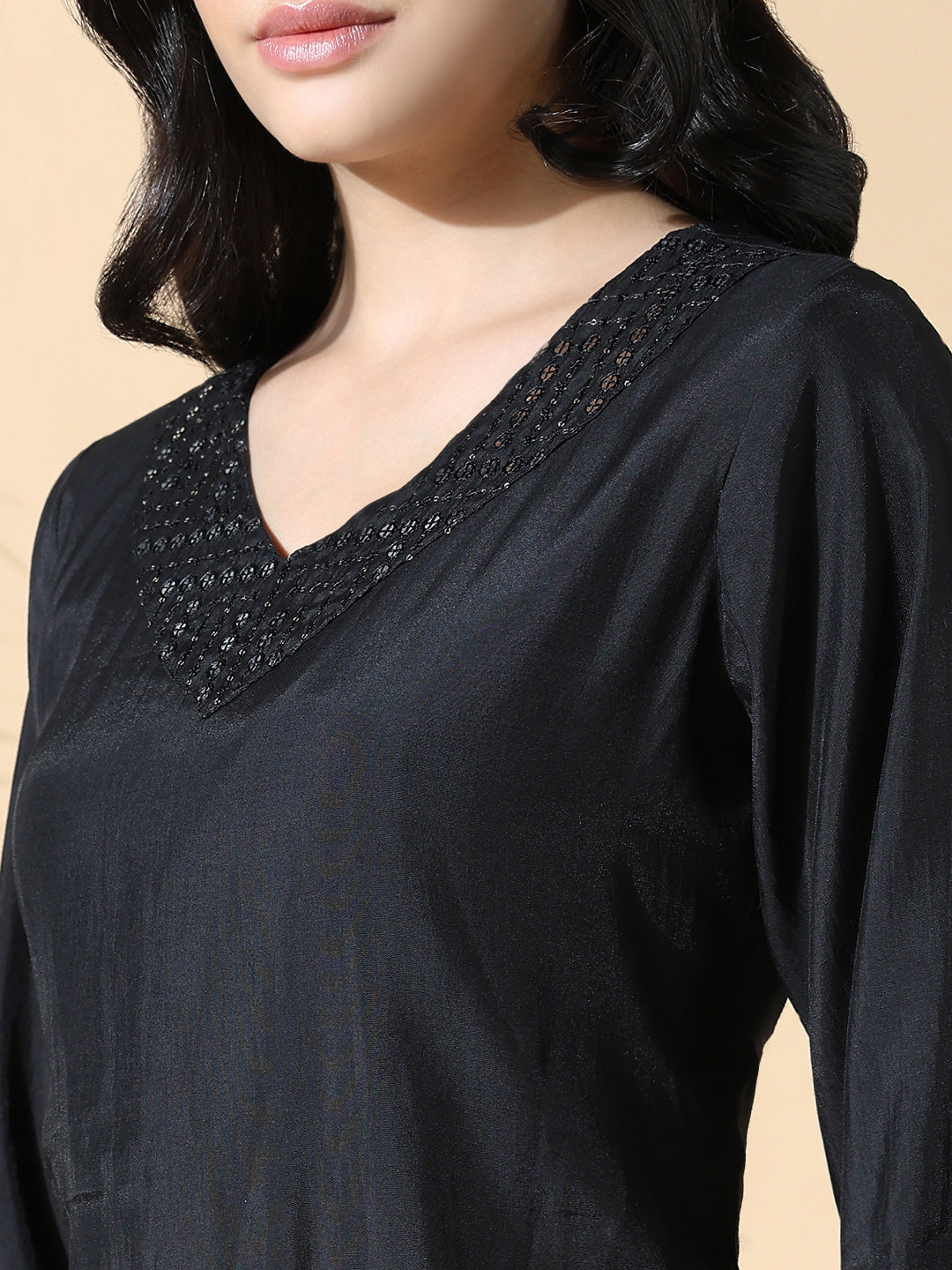 Women Solid Straight Sequinned Black Kurta Set