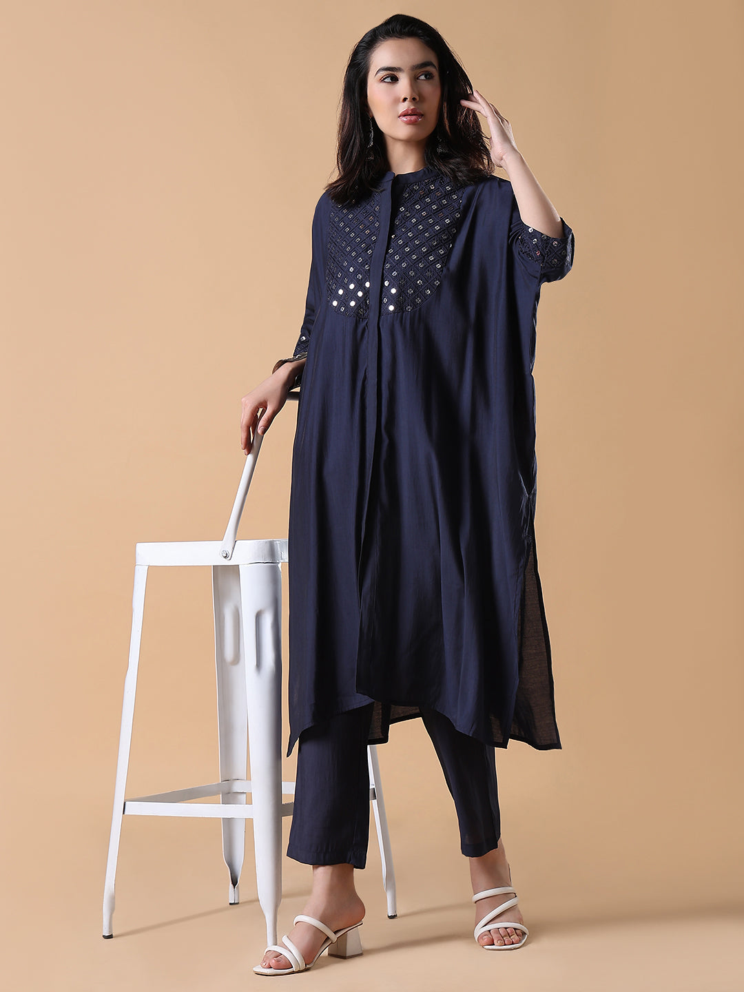 Women Solid Asymmetric Mirror Work Navy blue Kurta Set