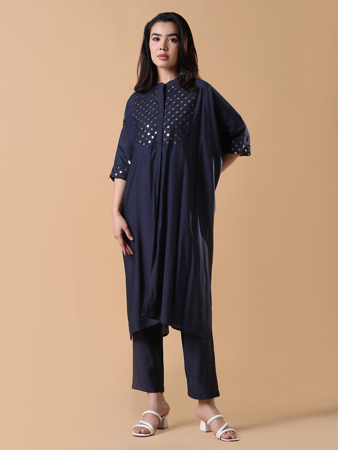 Women Solid Asymmetric Mirror Work Navy blue Kurta Set