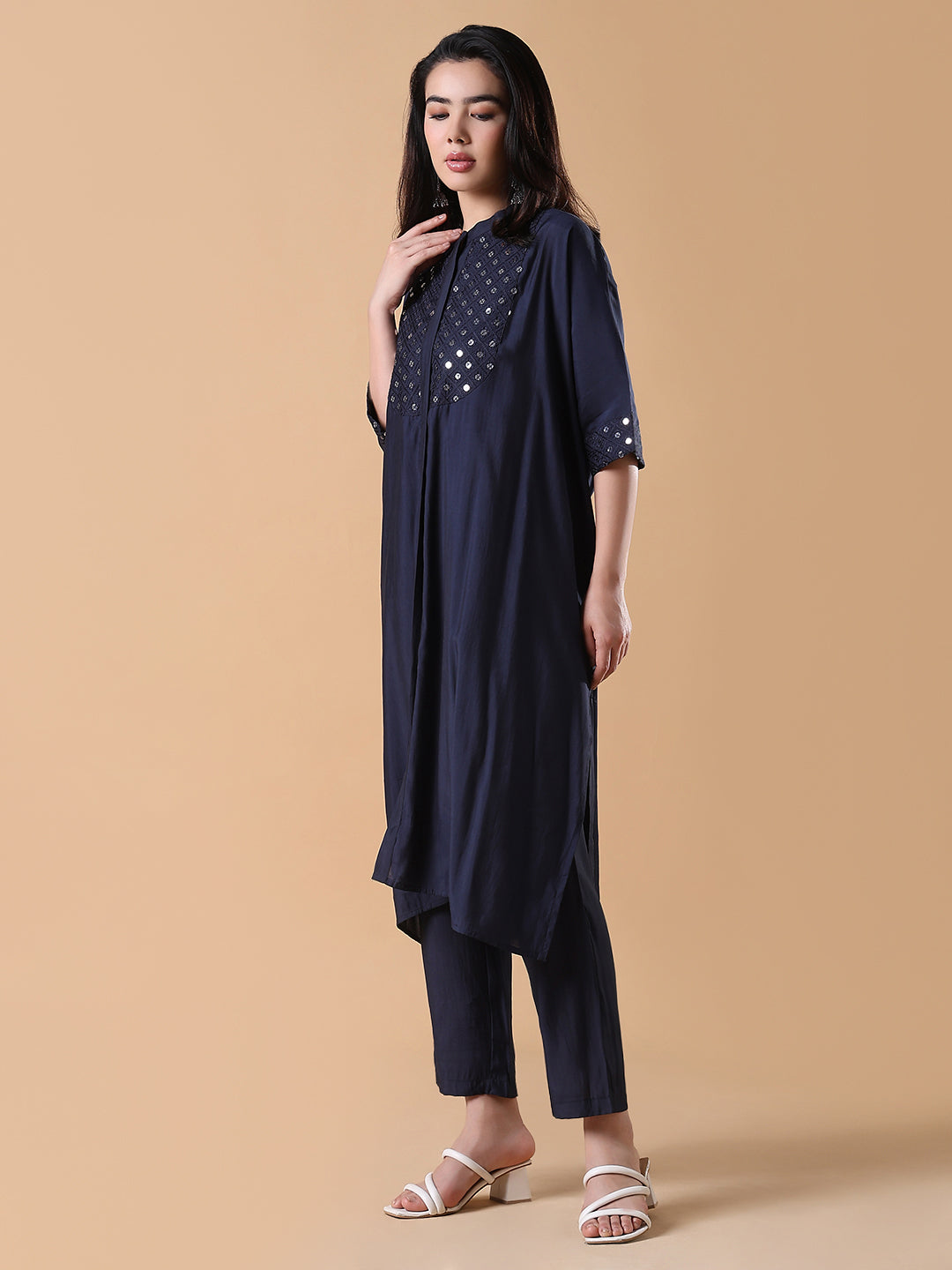 Women Solid Asymmetric Mirror Work Navy blue Kurta Set