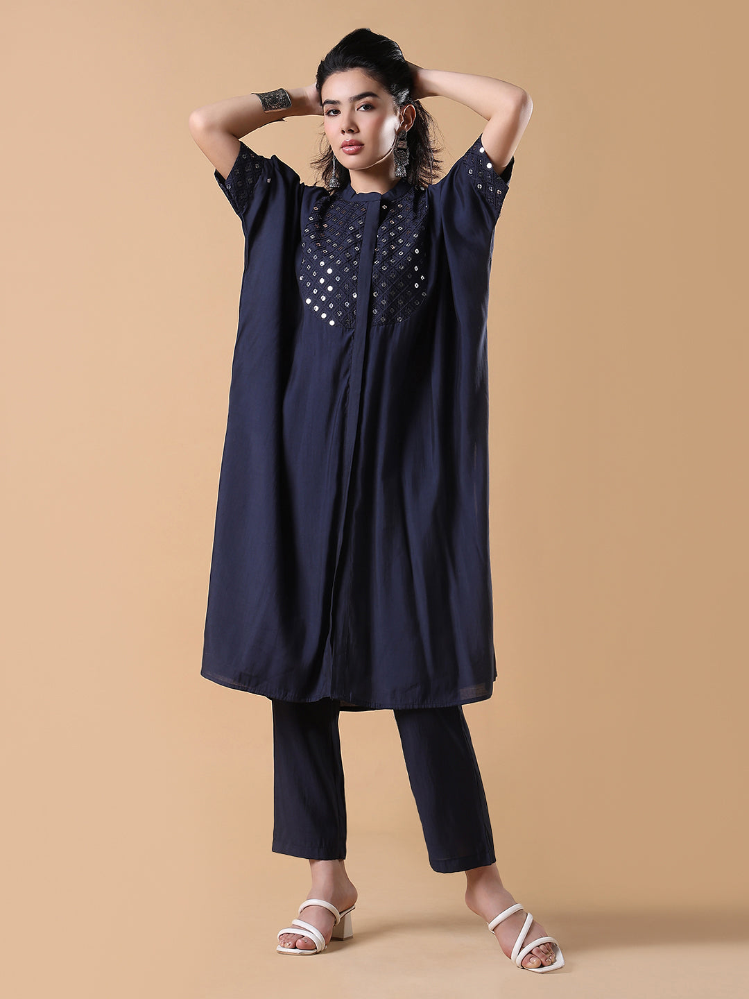 Women Solid Asymmetric Mirror Work Navy blue Kurta Set