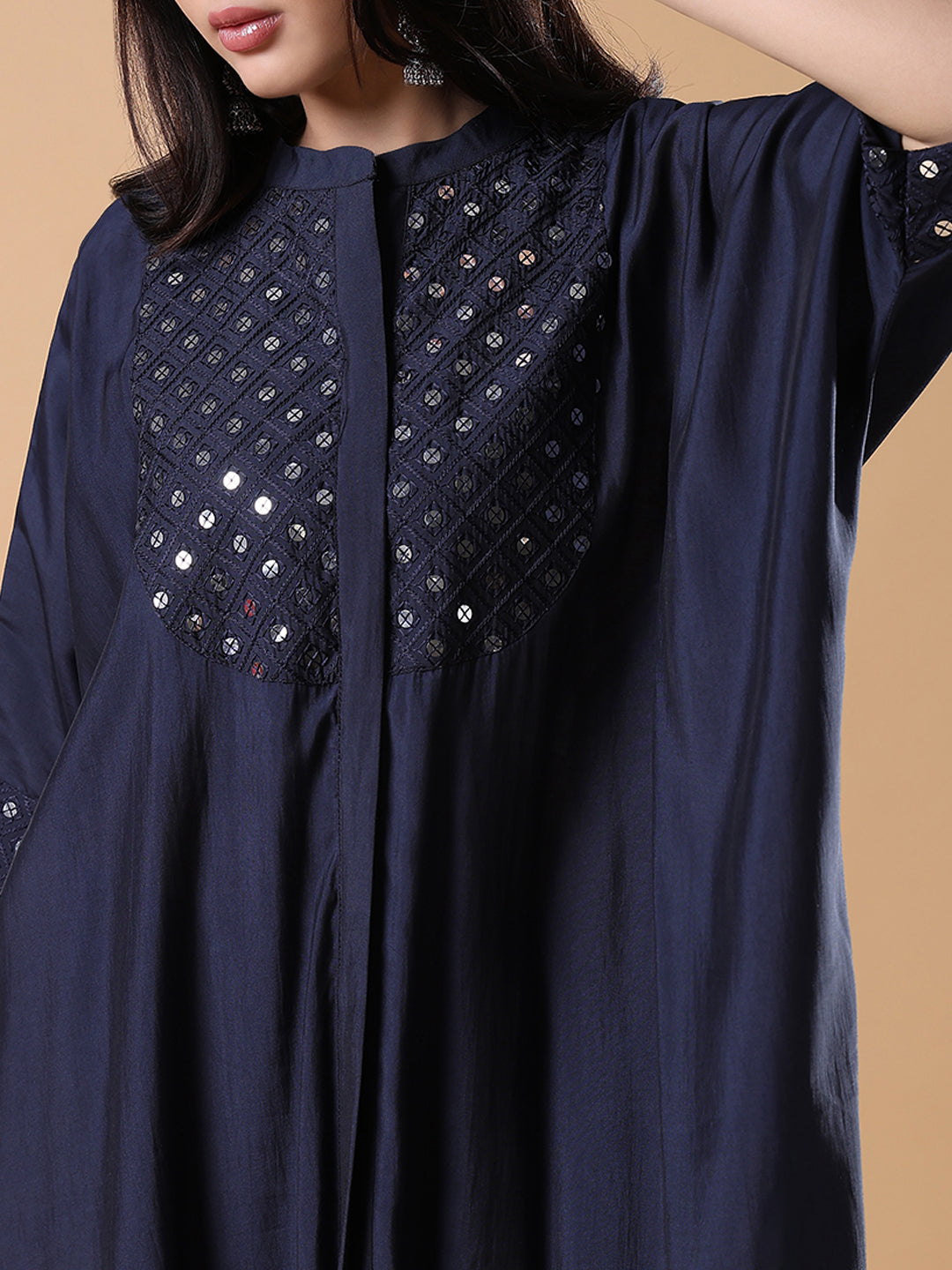 Women Solid Asymmetric Mirror Work Navy blue Kurta Set