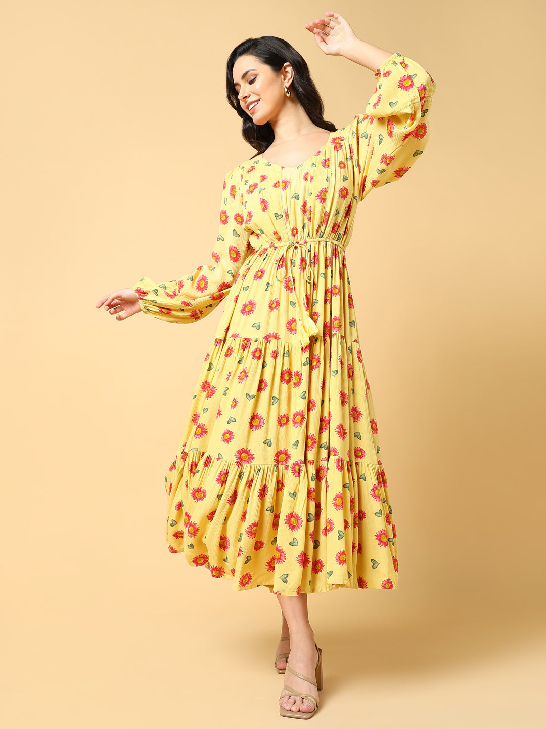 Women Printed Yellow Fit and Flare Dress