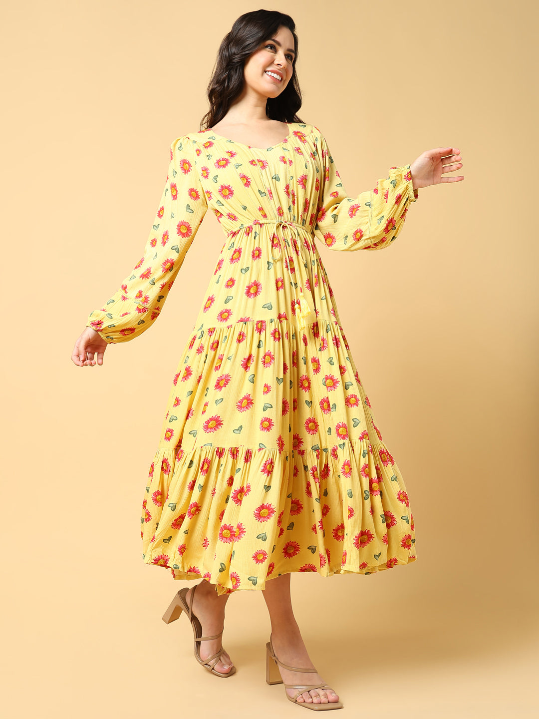 Women Printed Yellow Fit and Flare Dress