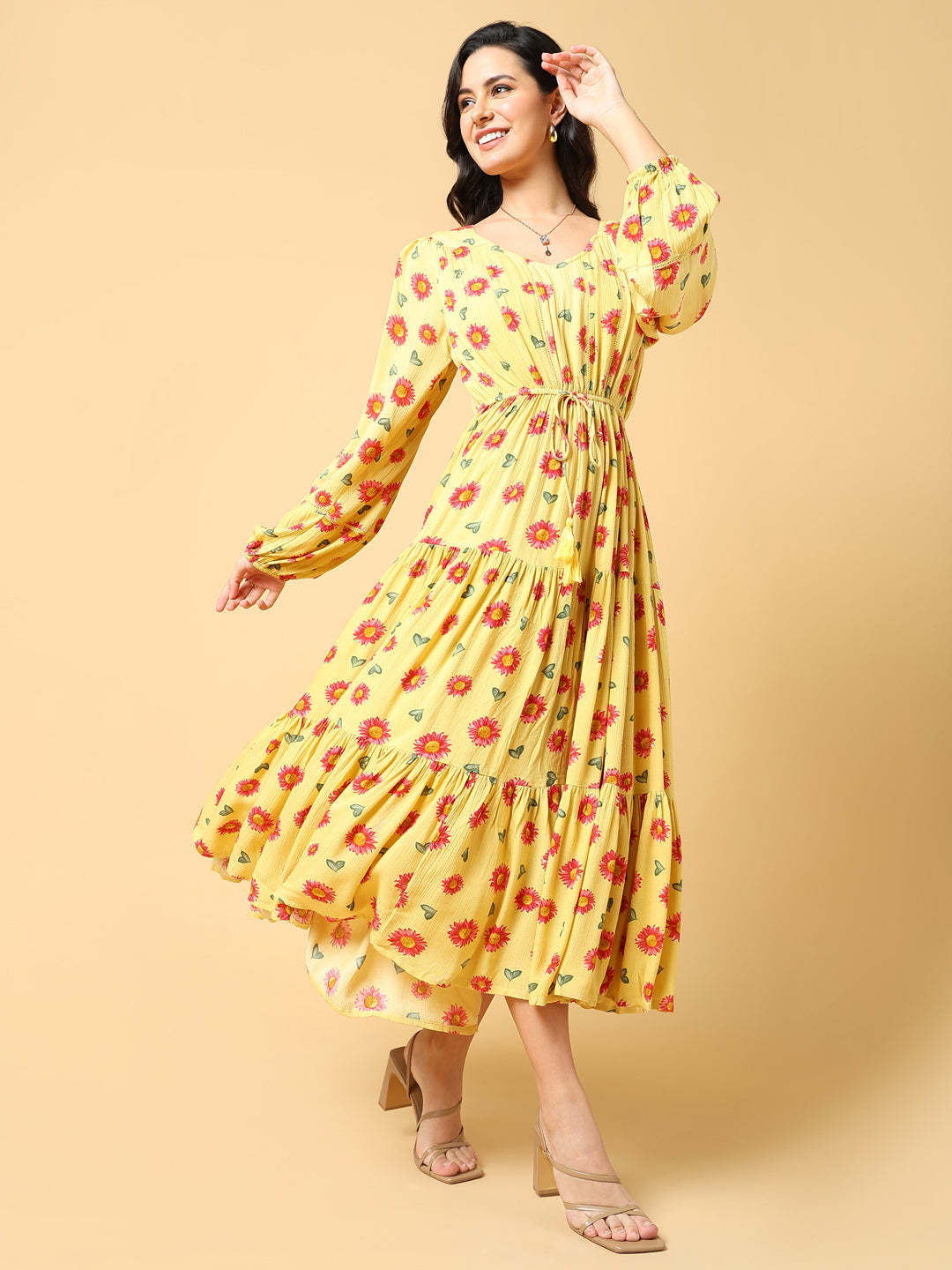 Women Printed Yellow Fit and Flare Dress