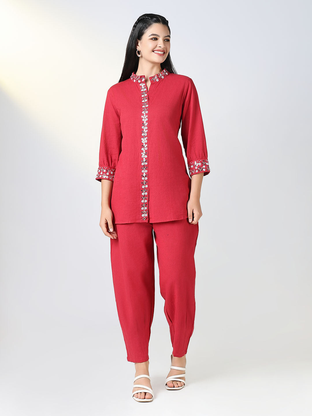 Women Red Solid Tunic Co Ords Set with White Embroidery