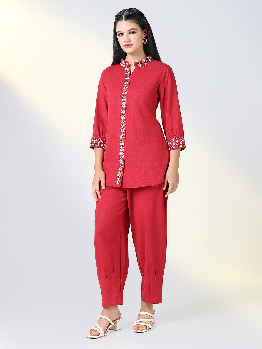 Women Red Solid Tunic Co Ords Set with White Embroidery