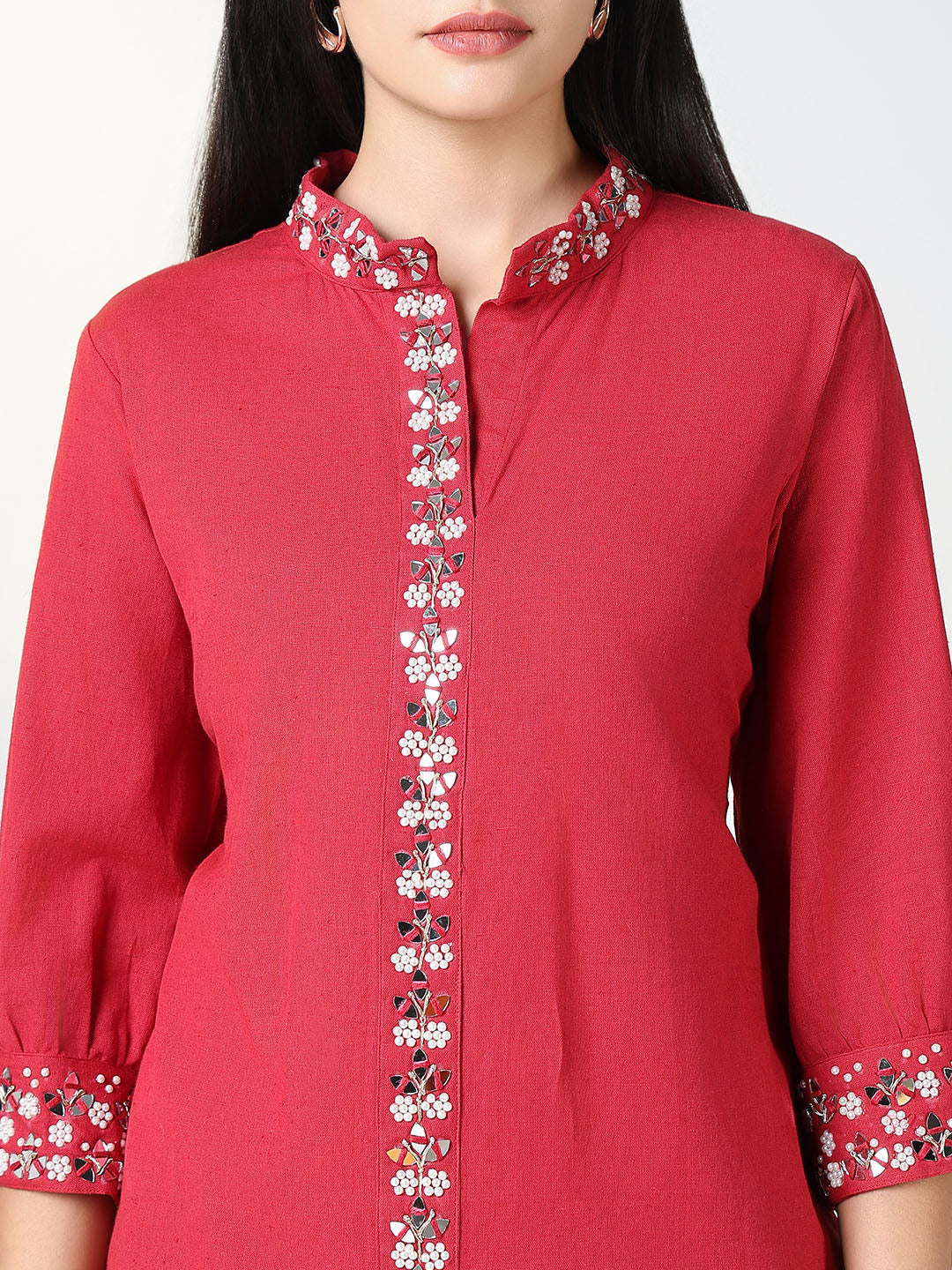 Women Red Solid Tunic Co Ords Set with White Embroidery