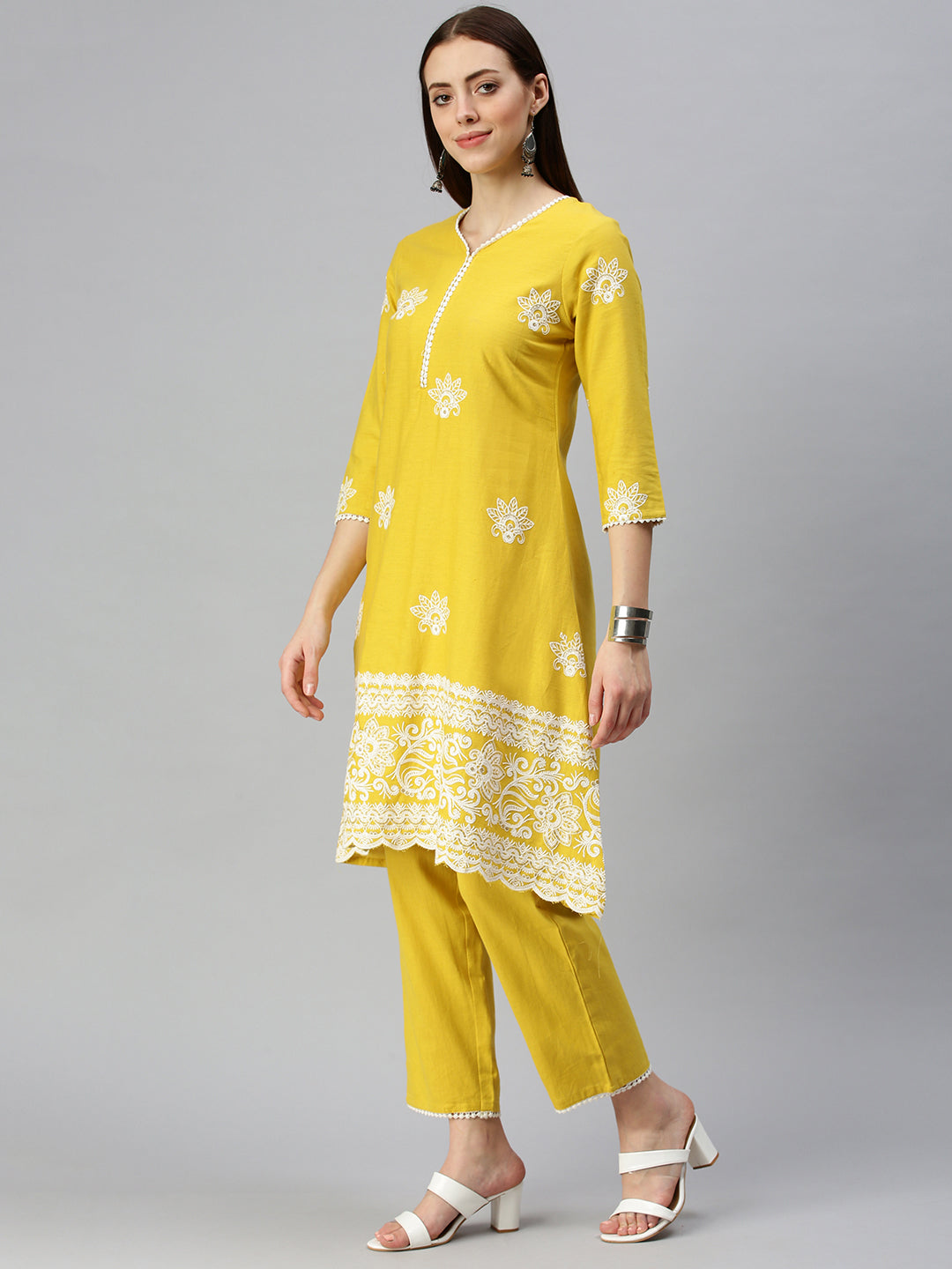 Women A-Line Yellow Embroidered Kurta and Trousers Comes with Dupatta