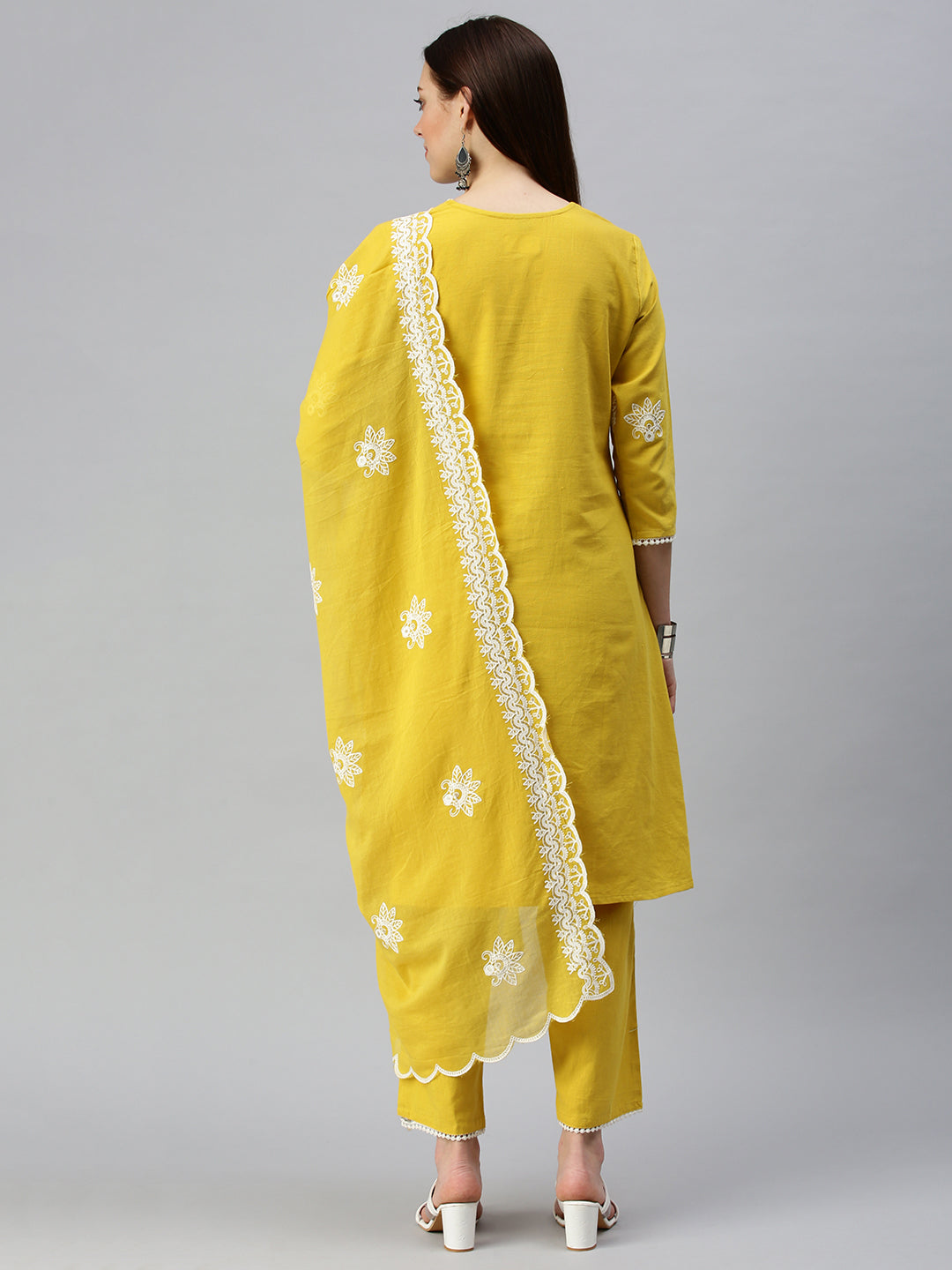 Women A-Line Yellow Embroidered Kurta and Trousers Comes with Dupatta