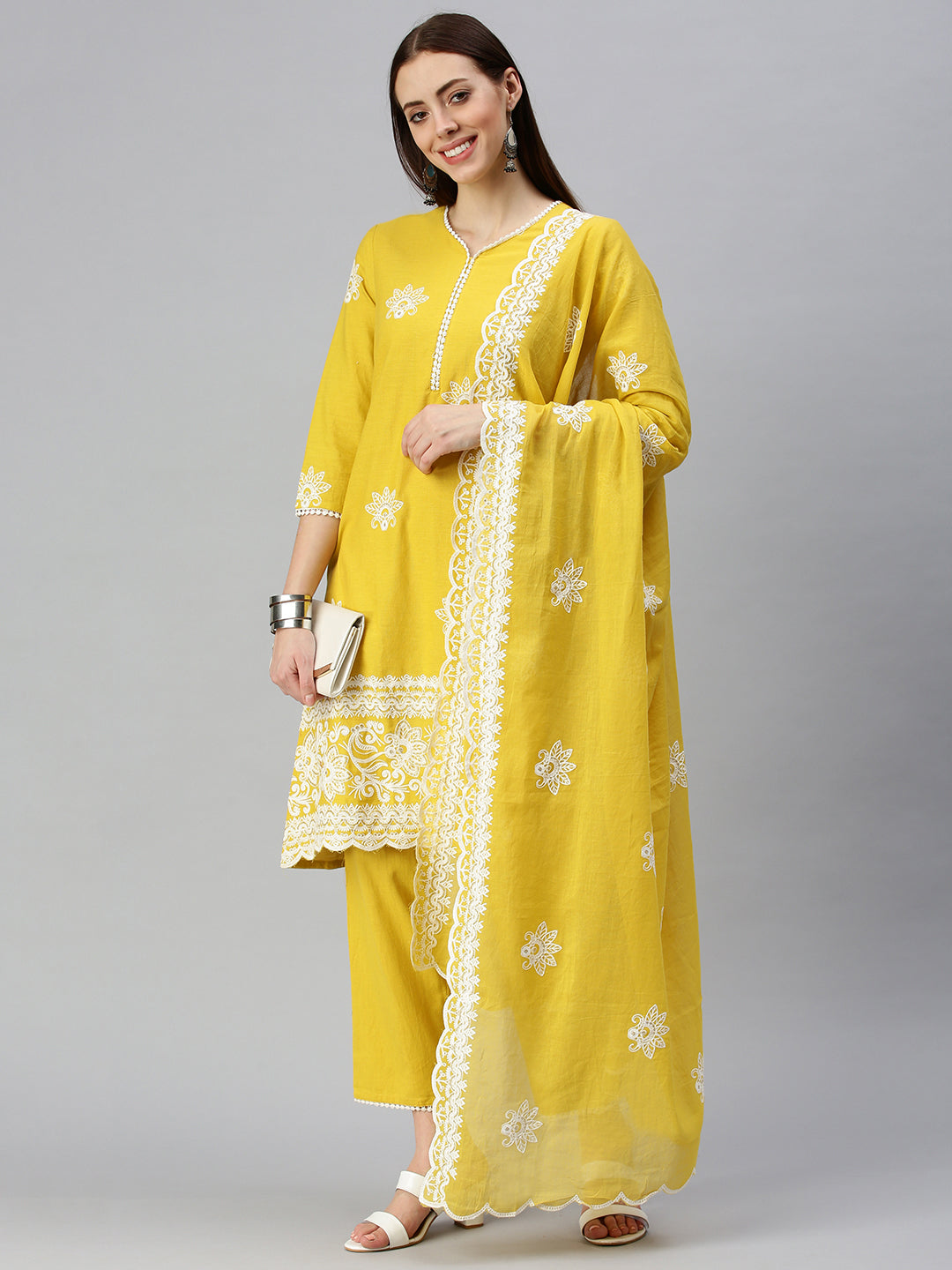 Women A-Line Yellow Embroidered Kurta and Trousers Comes with Dupatta