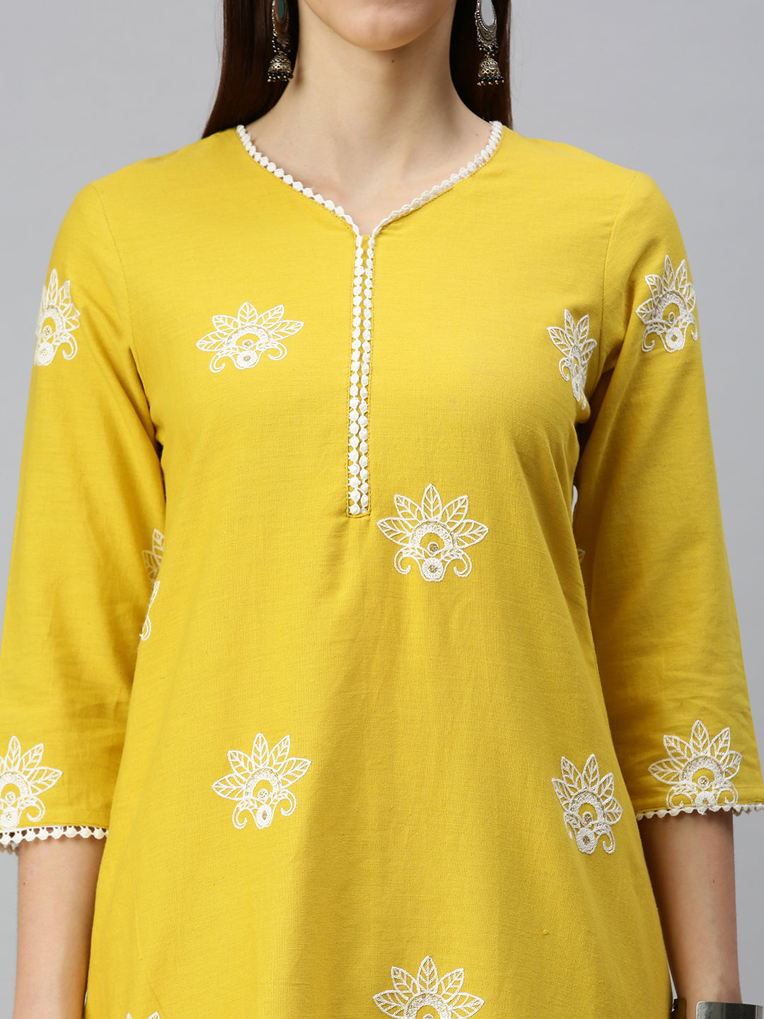 Women A-Line Yellow Embroidered Kurta and Trousers Comes with Dupatta