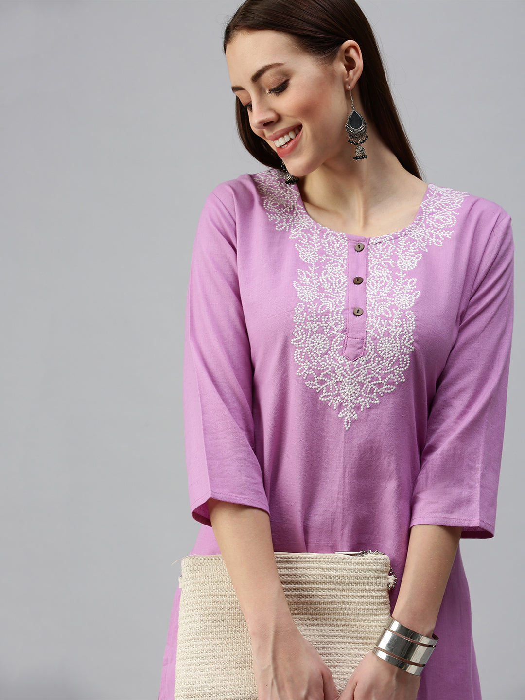 Women Straight Lavender Embroidered Kurta and Trousers