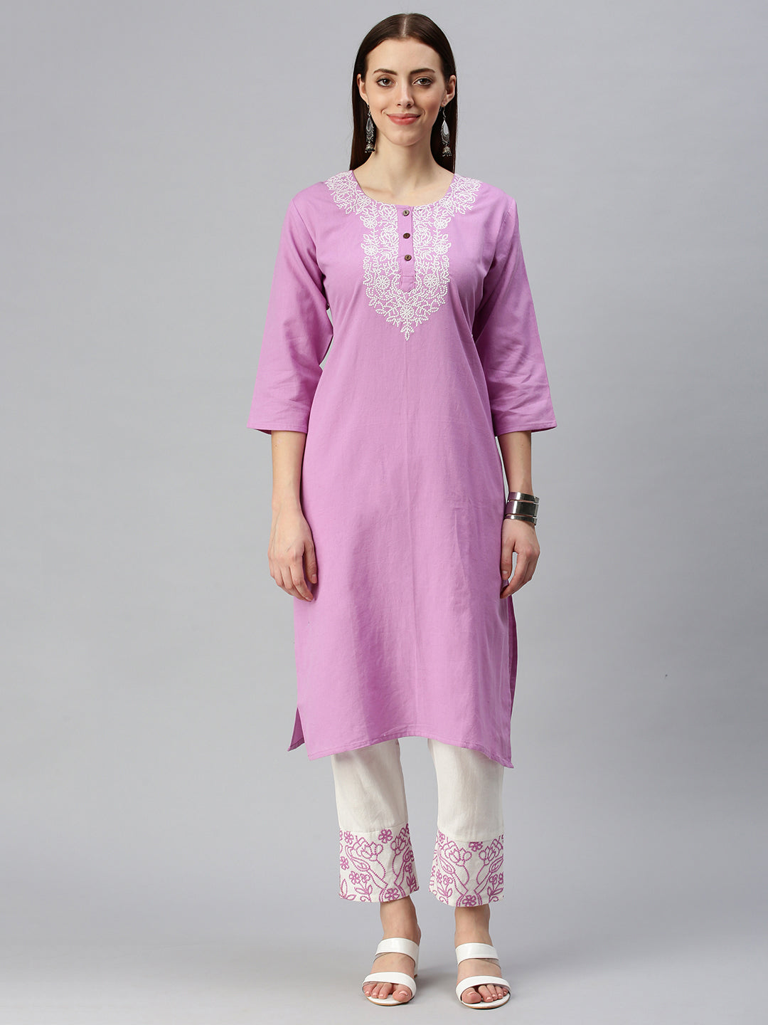 Women Straight Lavender Embroidered Kurta and Trousers