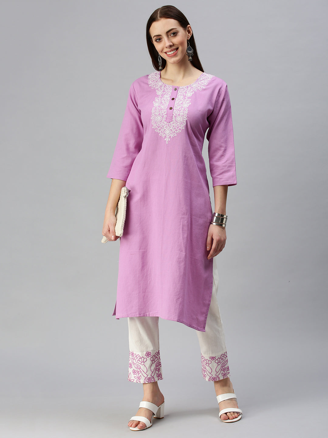 Women Straight Lavender Embroidered Kurta and Trousers