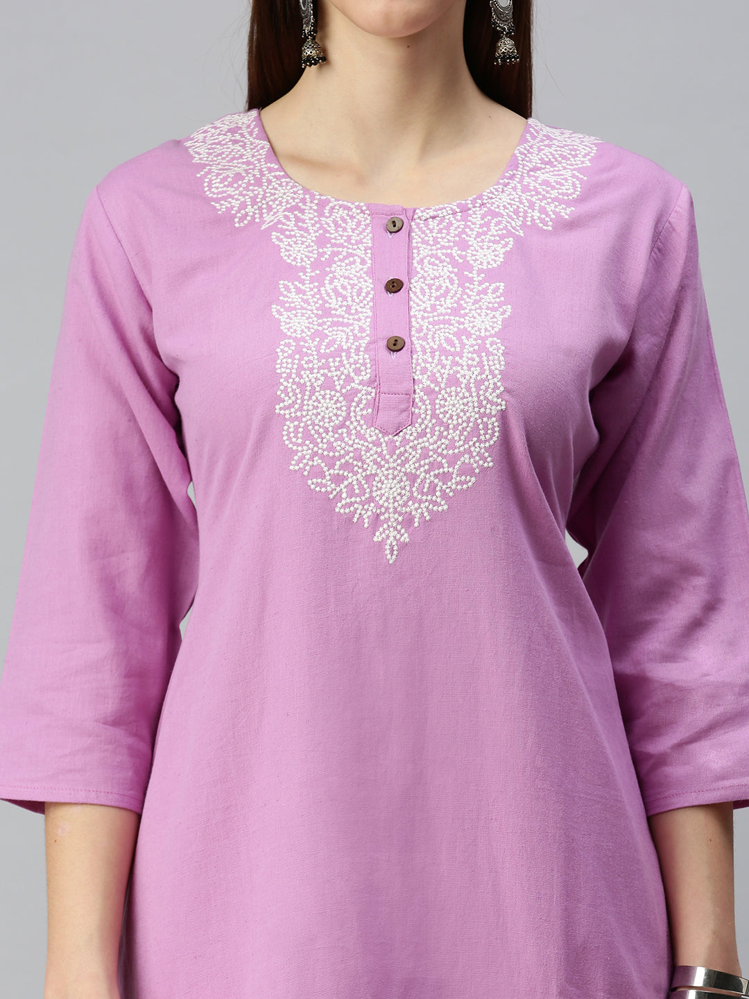 Women Straight Lavender Embroidered Kurta and Trousers