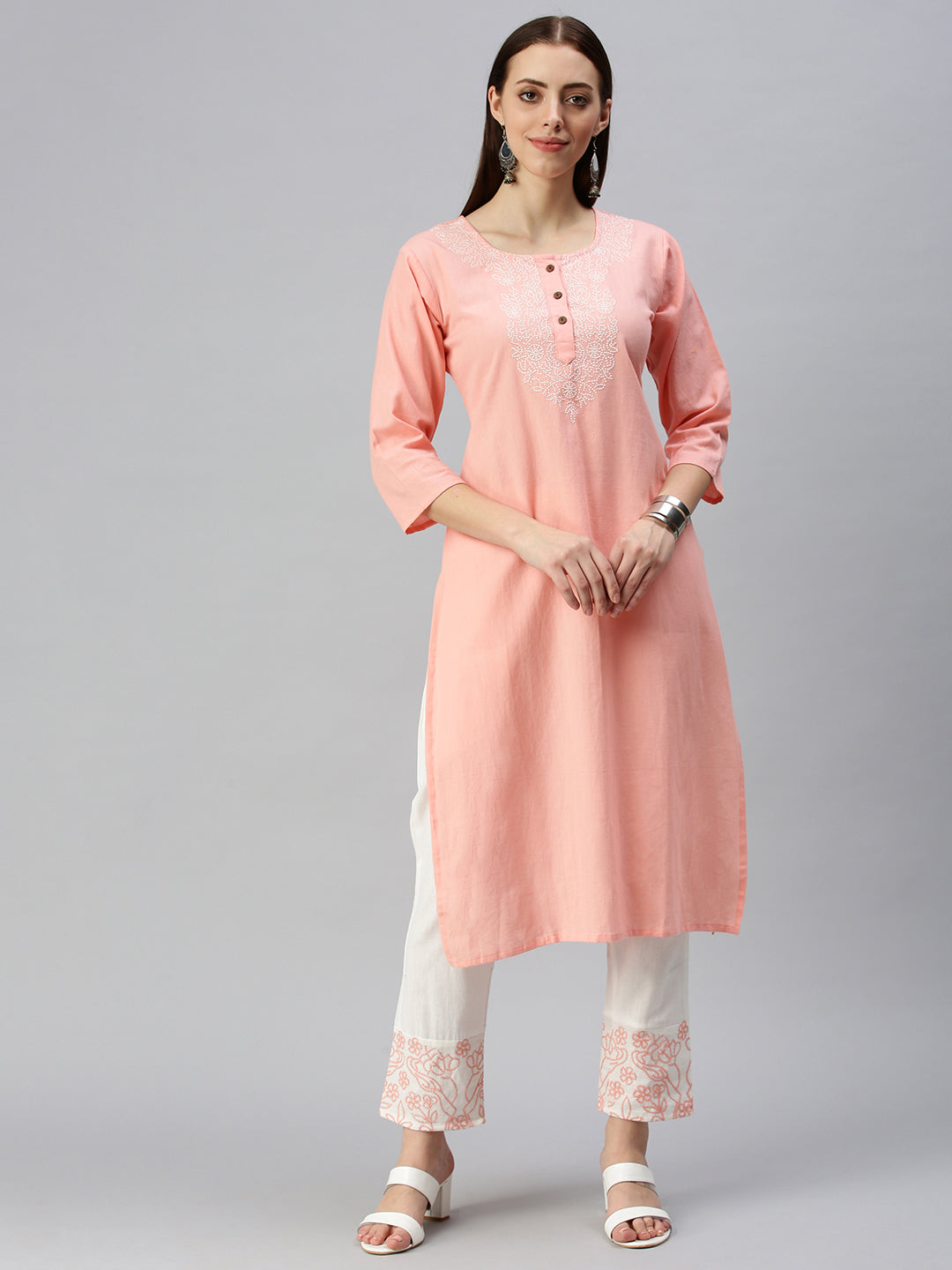 Women Straight Pink Embroidered Kurta and Trousers