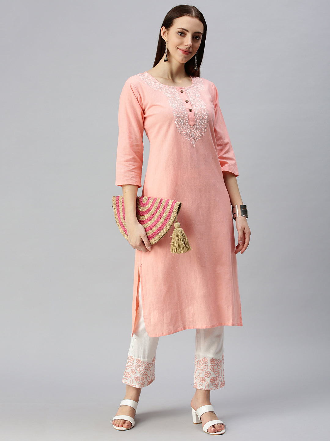 Women Straight Pink Embroidered Kurta and Trousers