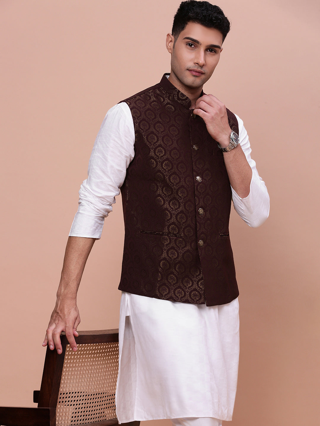 Men Woven Design Brown Slim Fit Nehru Jacket