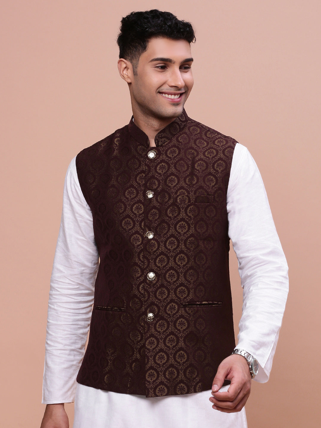 Men Woven Design Brown Slim Fit Nehru Jacket