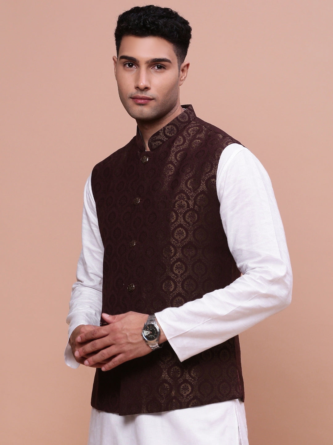 Men Woven Design Brown Slim Fit Nehru Jacket