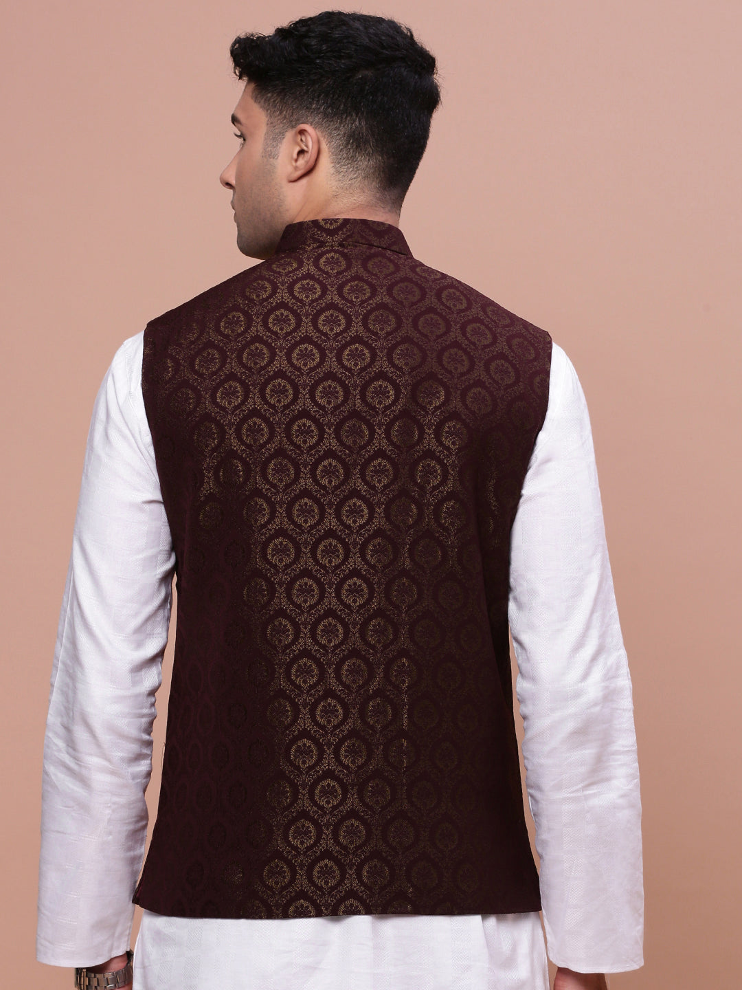 Men Woven Design Brown Slim Fit Nehru Jacket