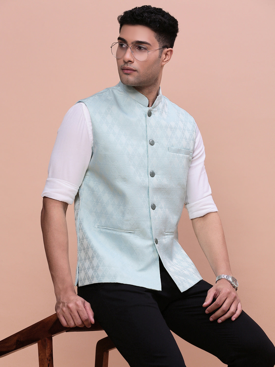 Men Woven Design Sea Green Slim Fit Nehru Jacket