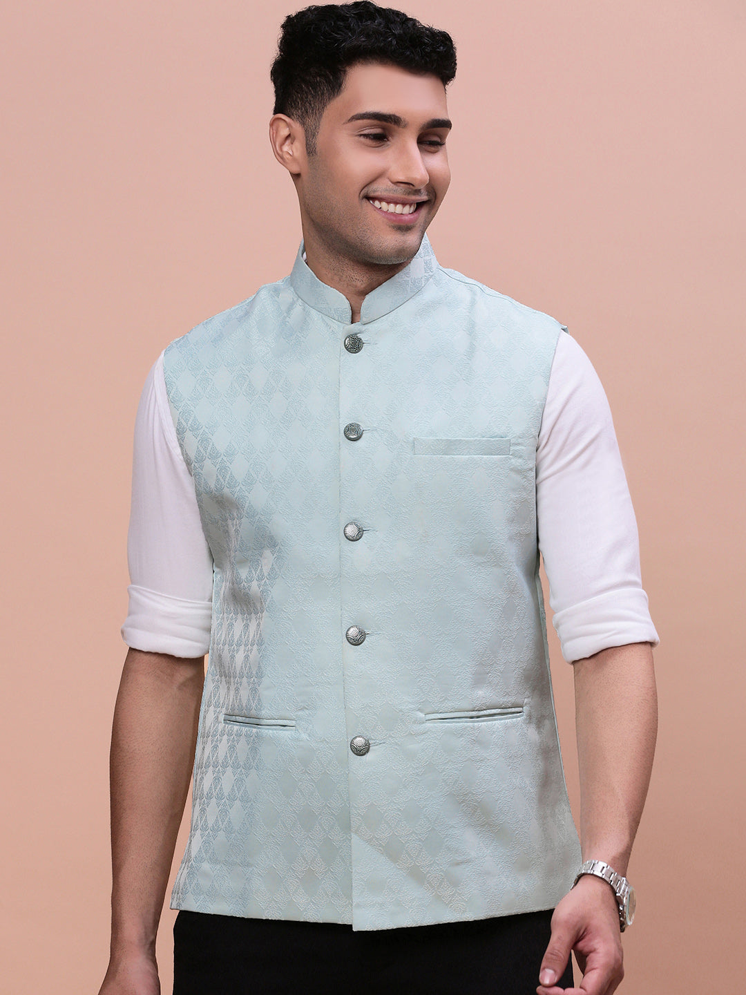 Men Woven Design Sea Green Slim Fit Nehru Jacket