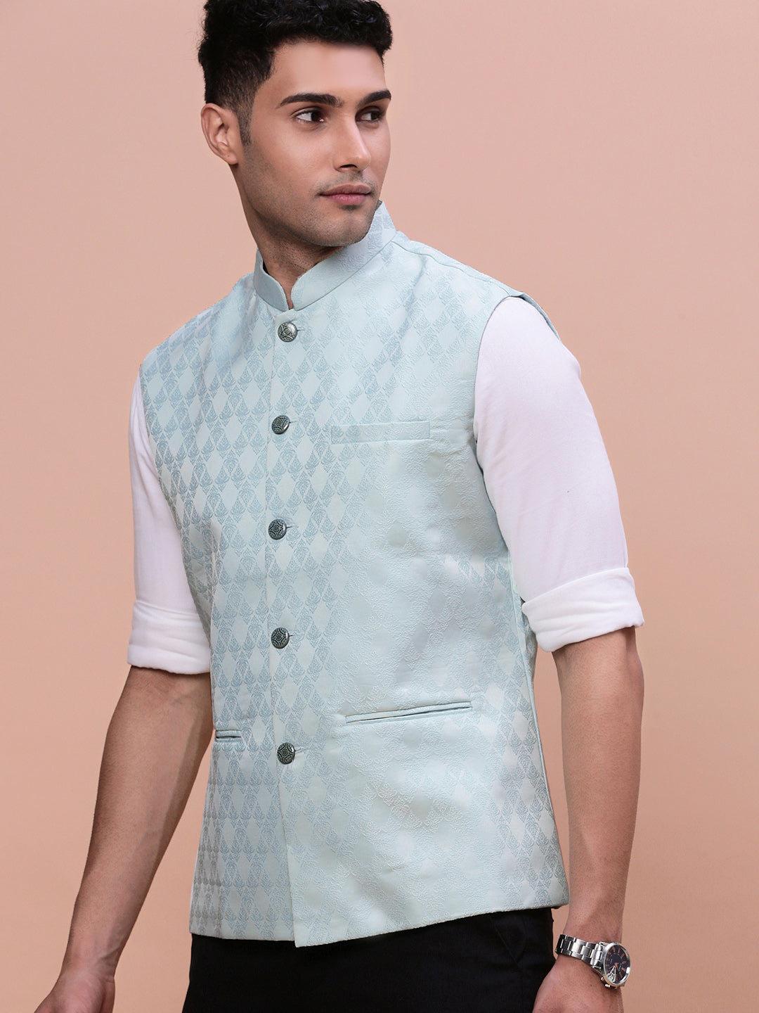 Men Woven Design Sea Green Slim Fit Nehru Jacket