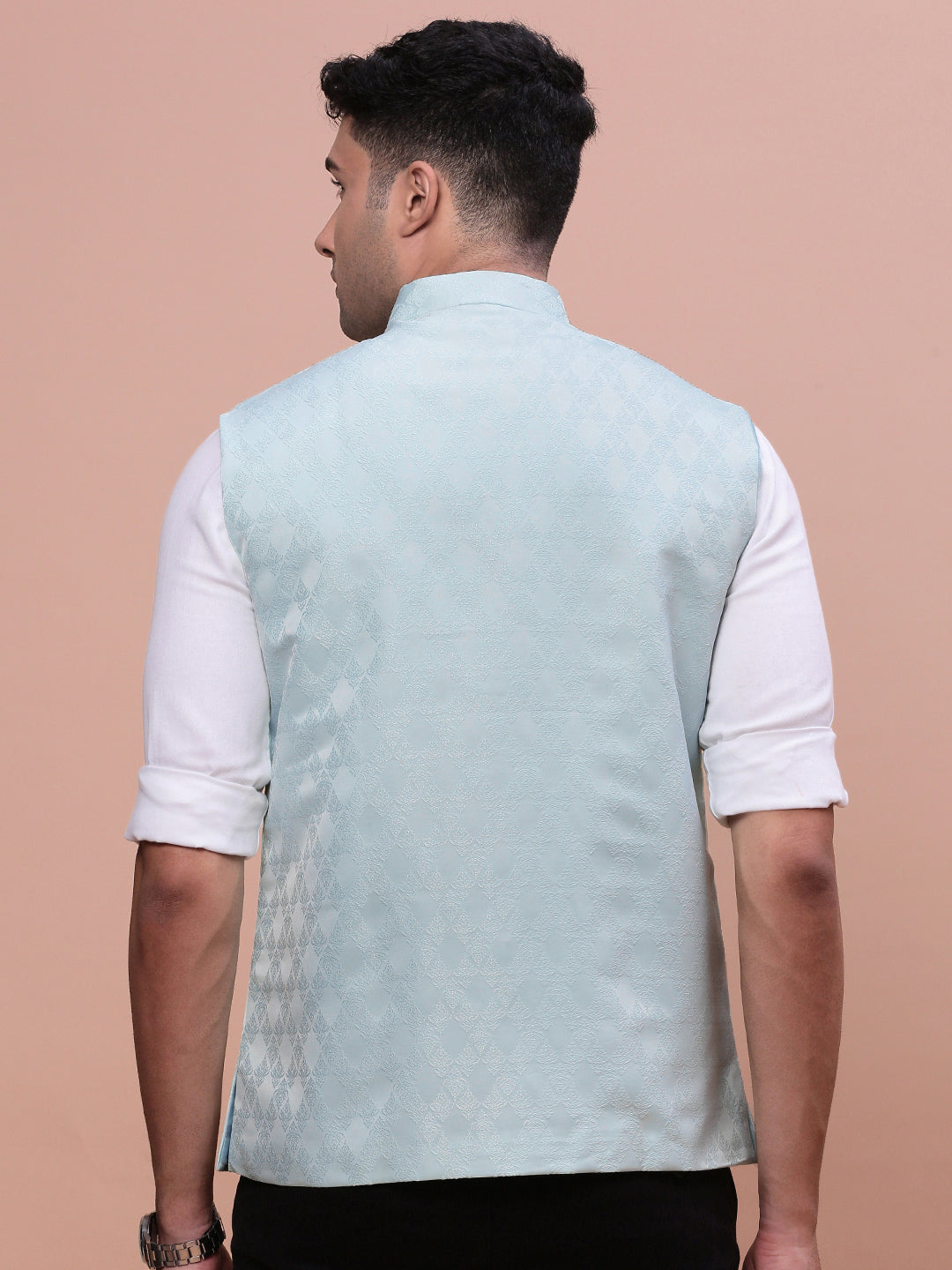 Men Woven Design Sea Green Slim Fit Nehru Jacket